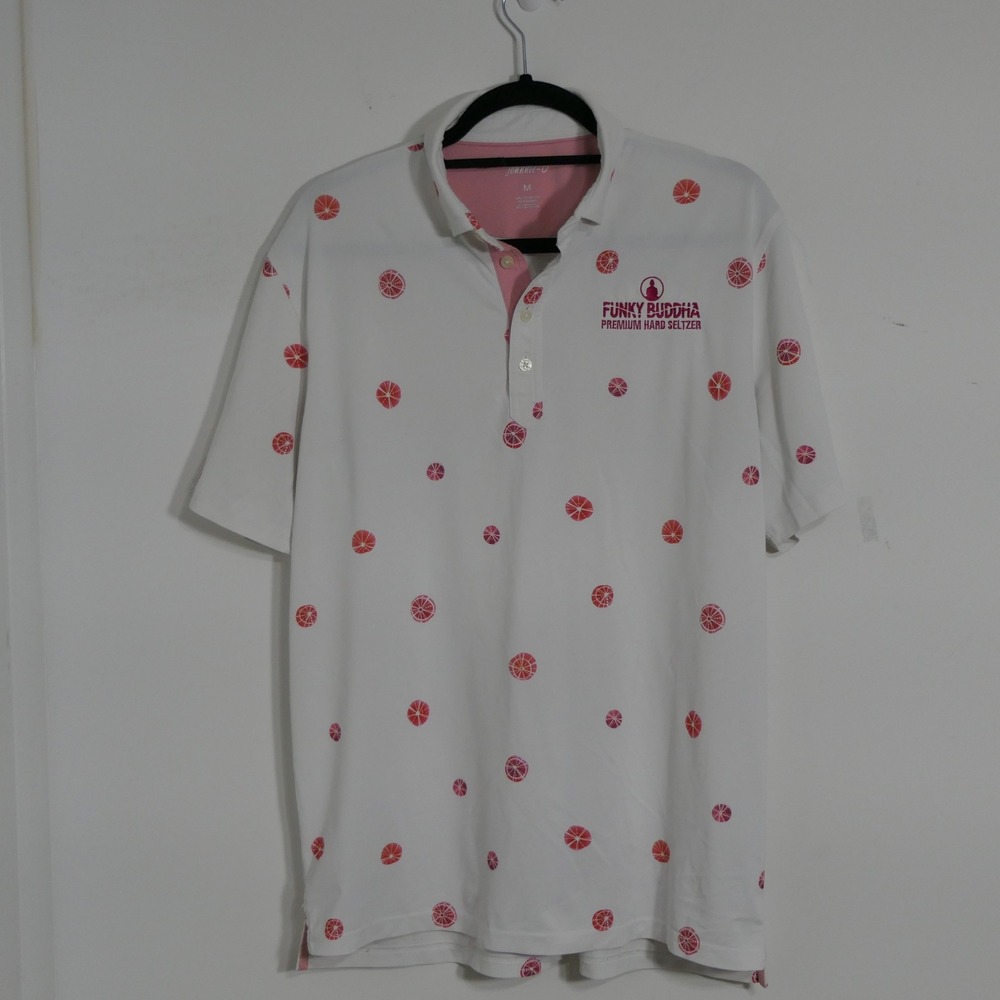Johnnie-O Mens Polo Shirt M White Pink Grapefruit Funky Buddha Preppy Breathable